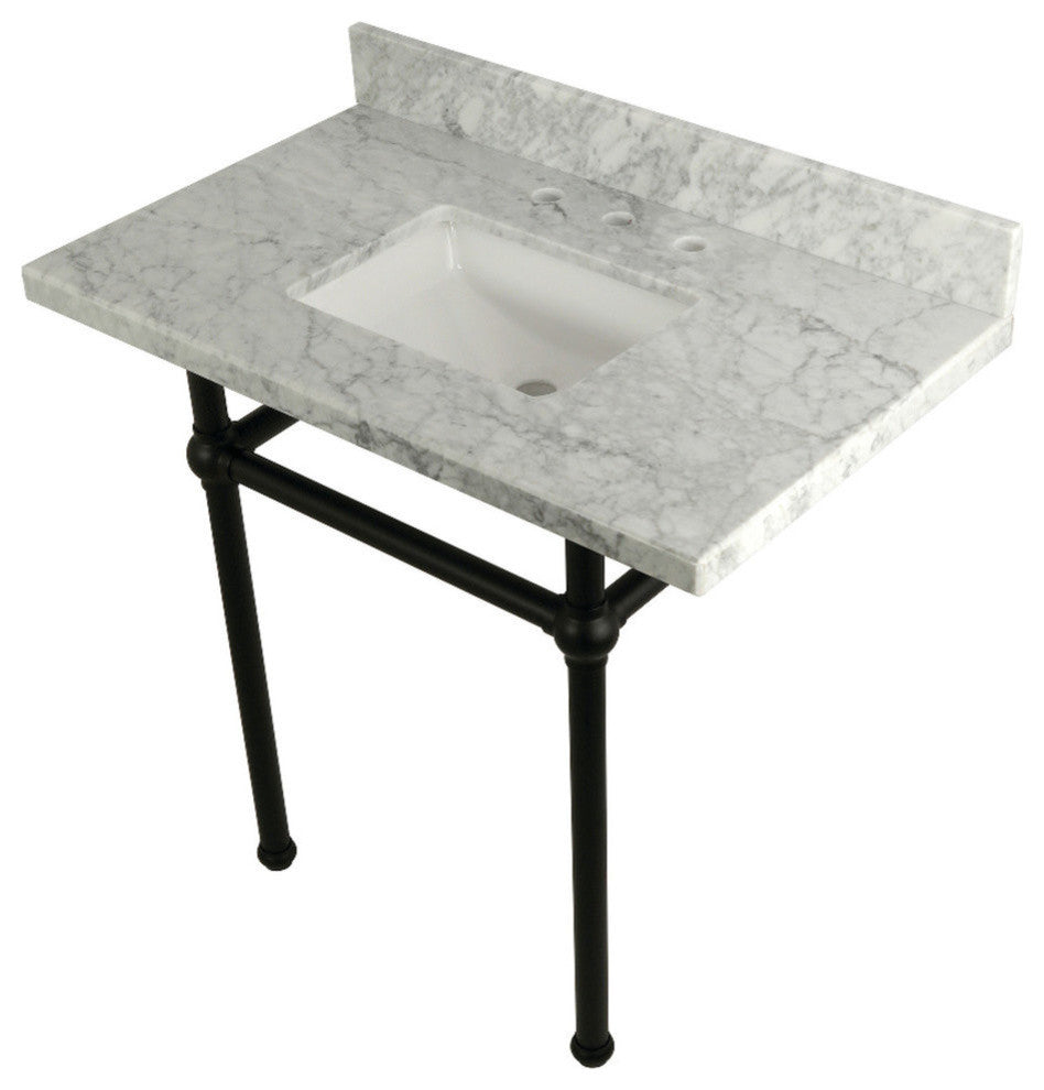 36X22 Carrara Marble Vanity Top w/Brass Console Legs, Carrara Marble/Matte Black