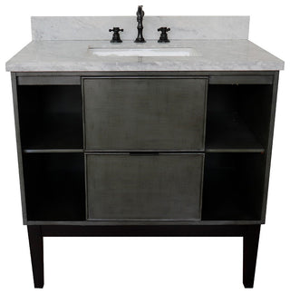 37" Single Vanity, Linen Gray Finish With White Carrara Top And Rectangle Sink