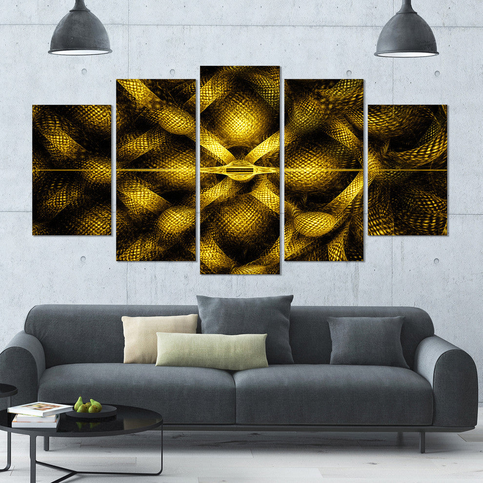 Golden Fractal Watercolor Pattern, Contemporary Art on Canvas, 60"x32", 5 Panels