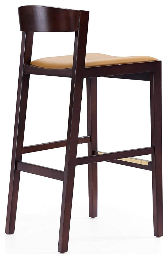 Mid Century Counter Stool, Faux Leather Seat and Low Curved Backrest, Camel