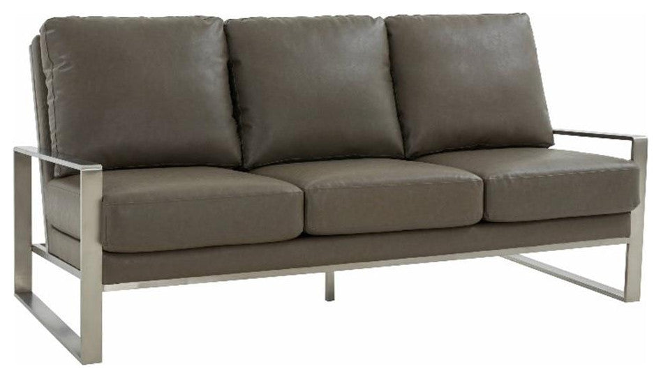 Leisuremod Jefferson Modern Faux Leather Sofa With Silver Frame Gray