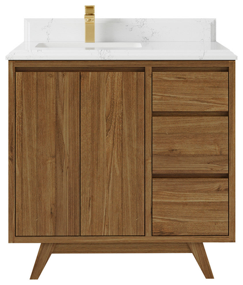 Madison Teak 36 Left Offset Bath Vanity in Dark Natural 1.5" Empira Quartz