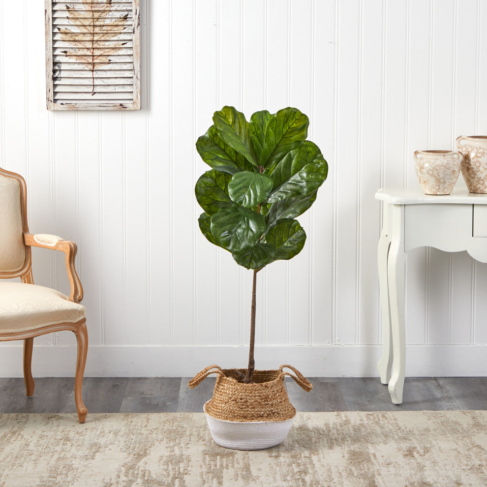 4' Fiddle Leaf Faux Tree, Boho Chic Handmade Cotton & Jute White Woven Planter