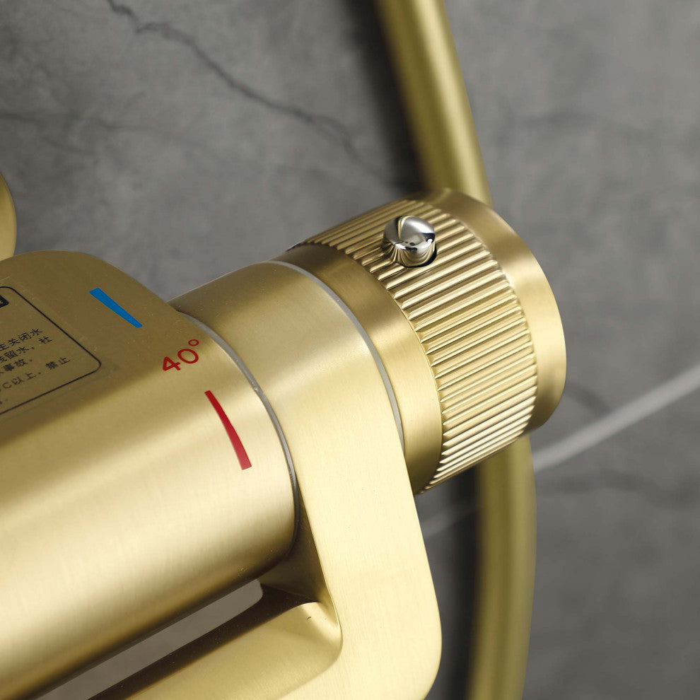 Thermostatic Wall Mounted Shower System with Multi-Function Hand Shower, Brushed Gold