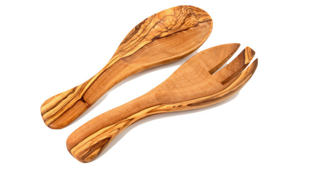 Handmade Olive Wood 9" Curved Salad Server, Set of 2
