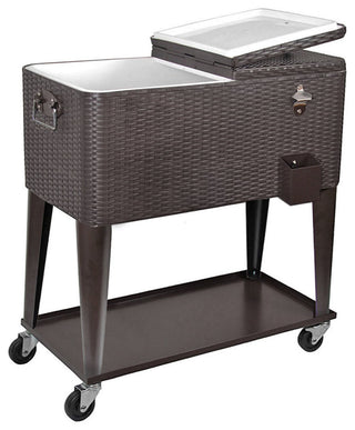 80 Quart Outdoor Rolling Cooler/Beverage Cart, Brown Wicker