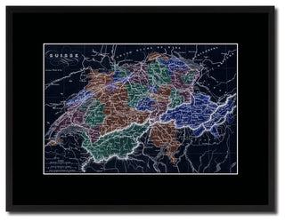 Switzerland Vivid Map Print On Canvas With Black Custom Frame, 16" X 21"