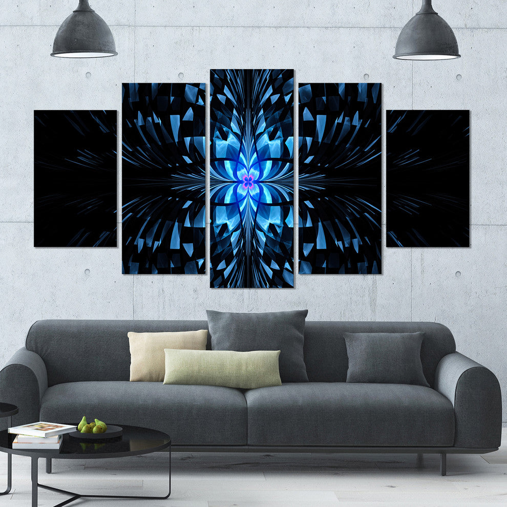 Blue Butterfly Pattern on Black, Contemporary Art on Canvas, 60"x32", 5 Panels