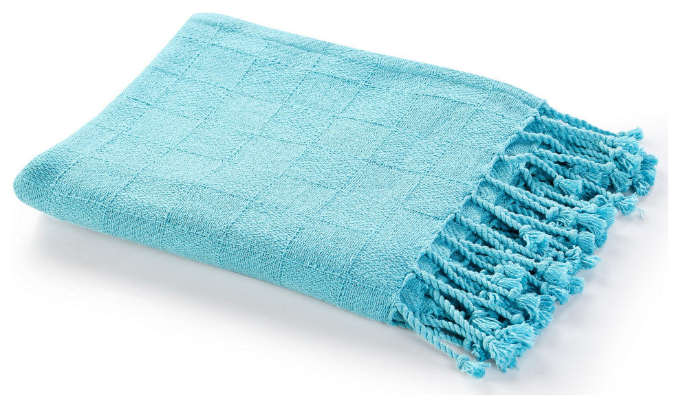 Checkered Weave Throw Blanket with Fringe, Angel Blue
