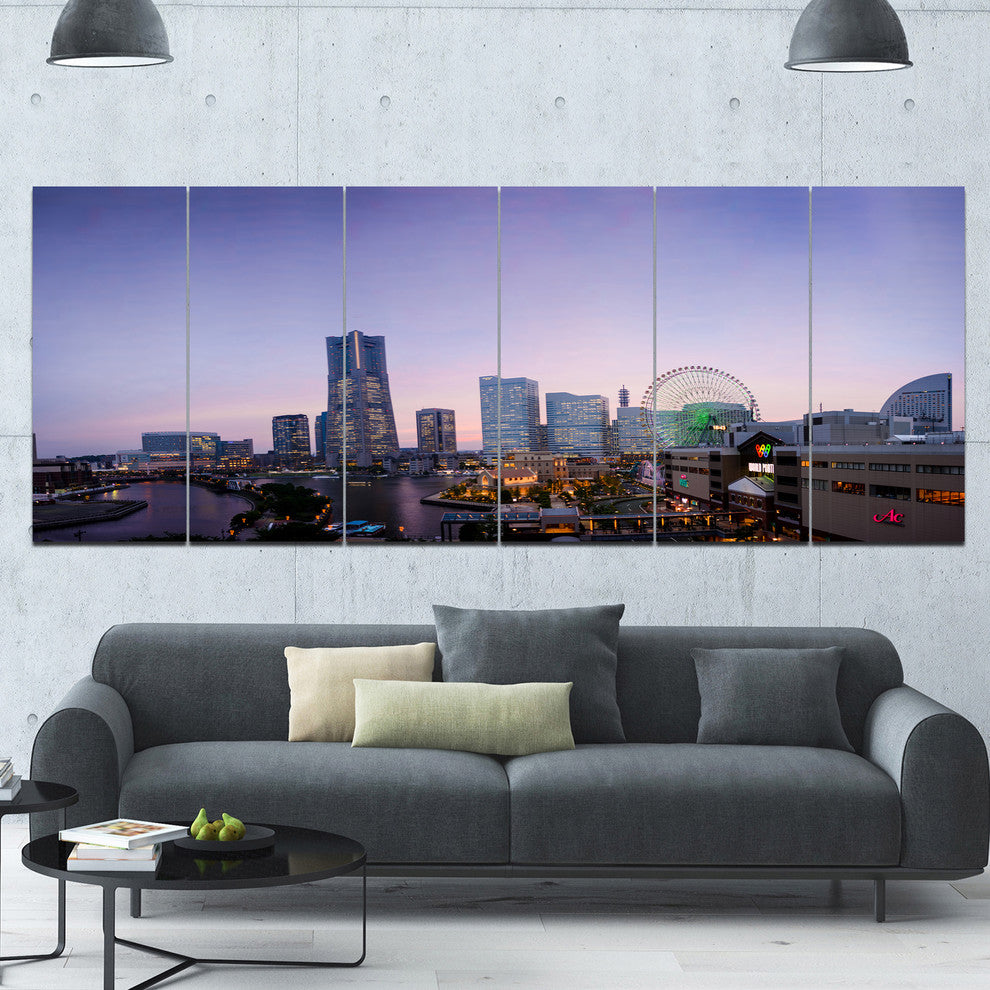 Minato Mirai Yokohama at Twilight, Cityscape Canvas Art Print, 70"x28", 6 Panels