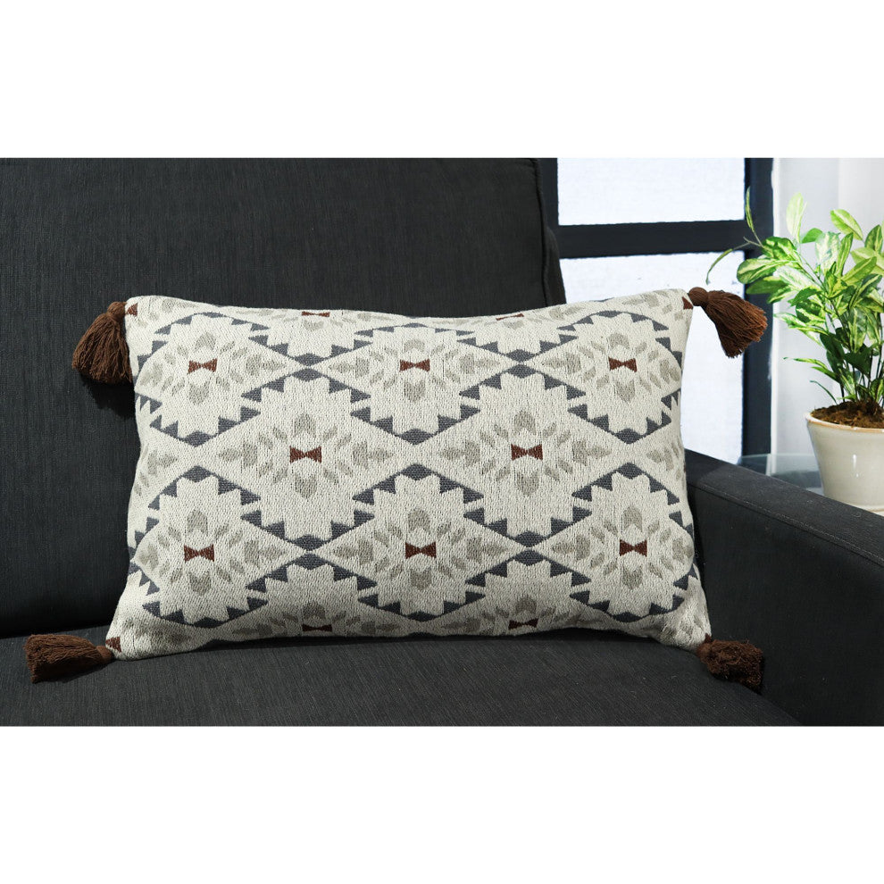 Gray Machine Woven with Tassels Riverbirch Throw Pillow, 16" x 26"