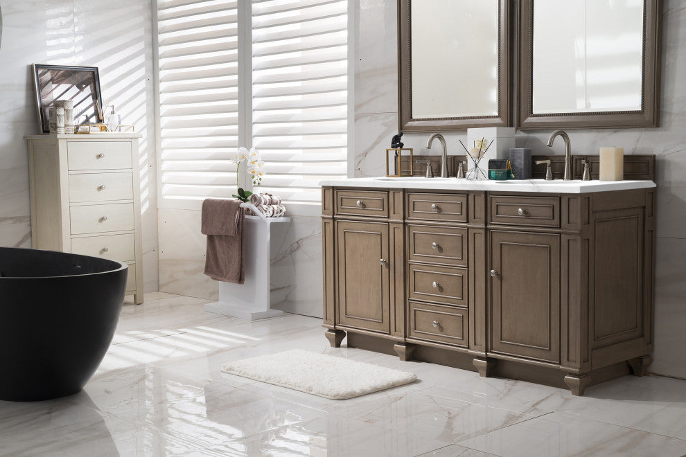 Bristol 60" Double Vanity Whitewashed Walnut, Carrara Marble