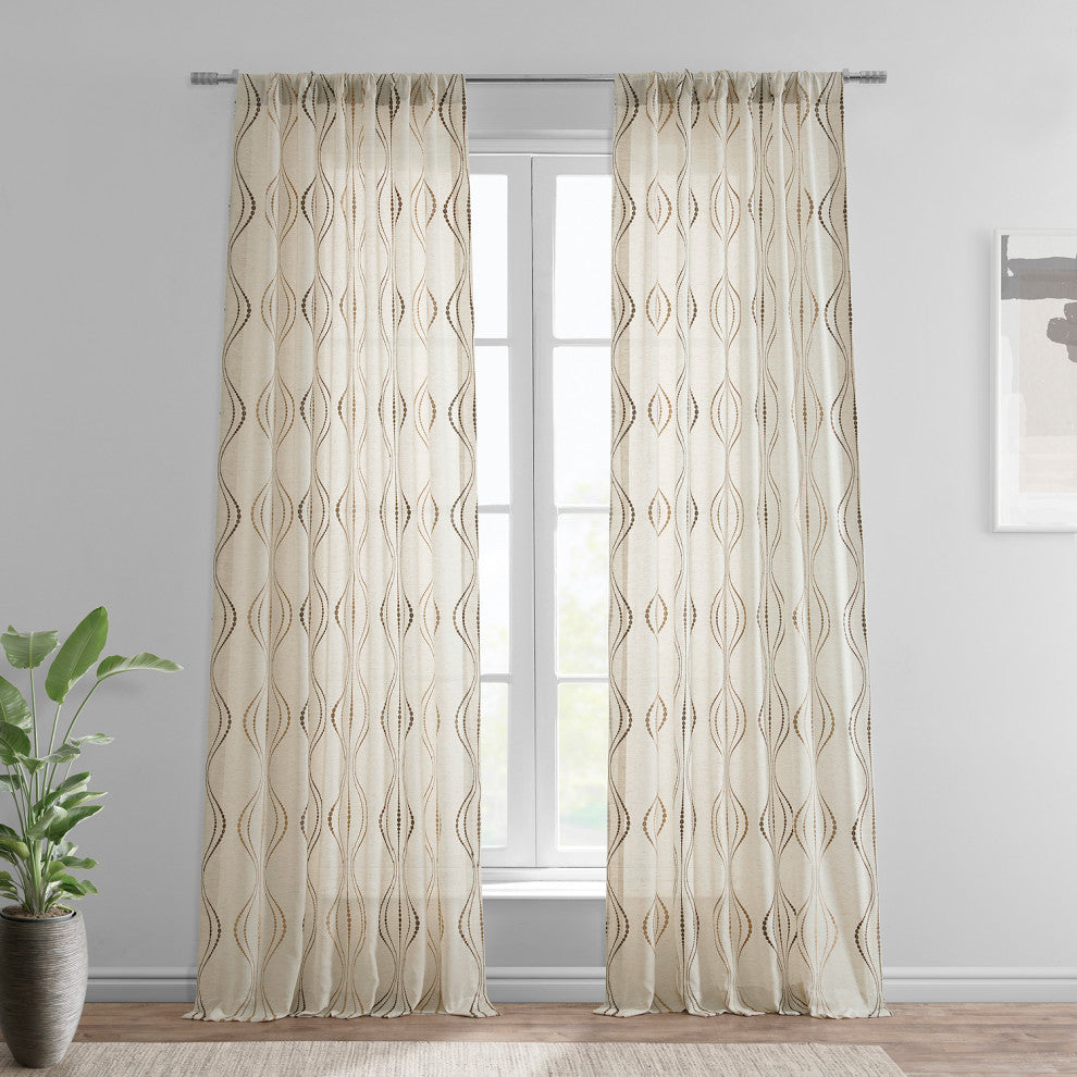 Suez Bronze Embroidered FauxLinen Sheer Curtain Single Panel, 50"x96"