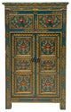 Distressed Teal Blue Green Tibetan Floral End Table Nightstand Cabinet Hcs7621