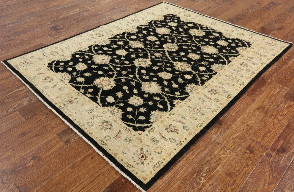 Black Oushak Oriental Hand-Knotted Peshawar Chobi Wool Rug, 6'x7'