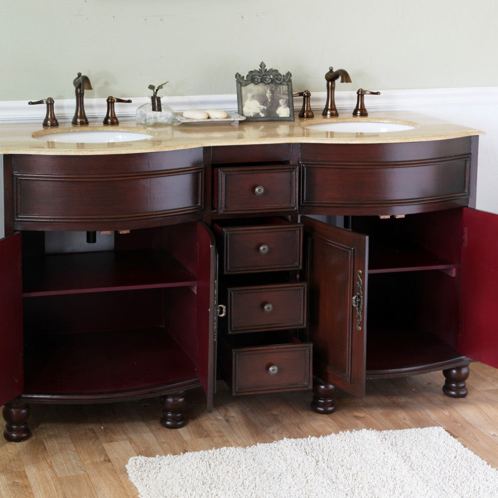 62" Double Sink Vanity-Wood-Walnut-Travertine