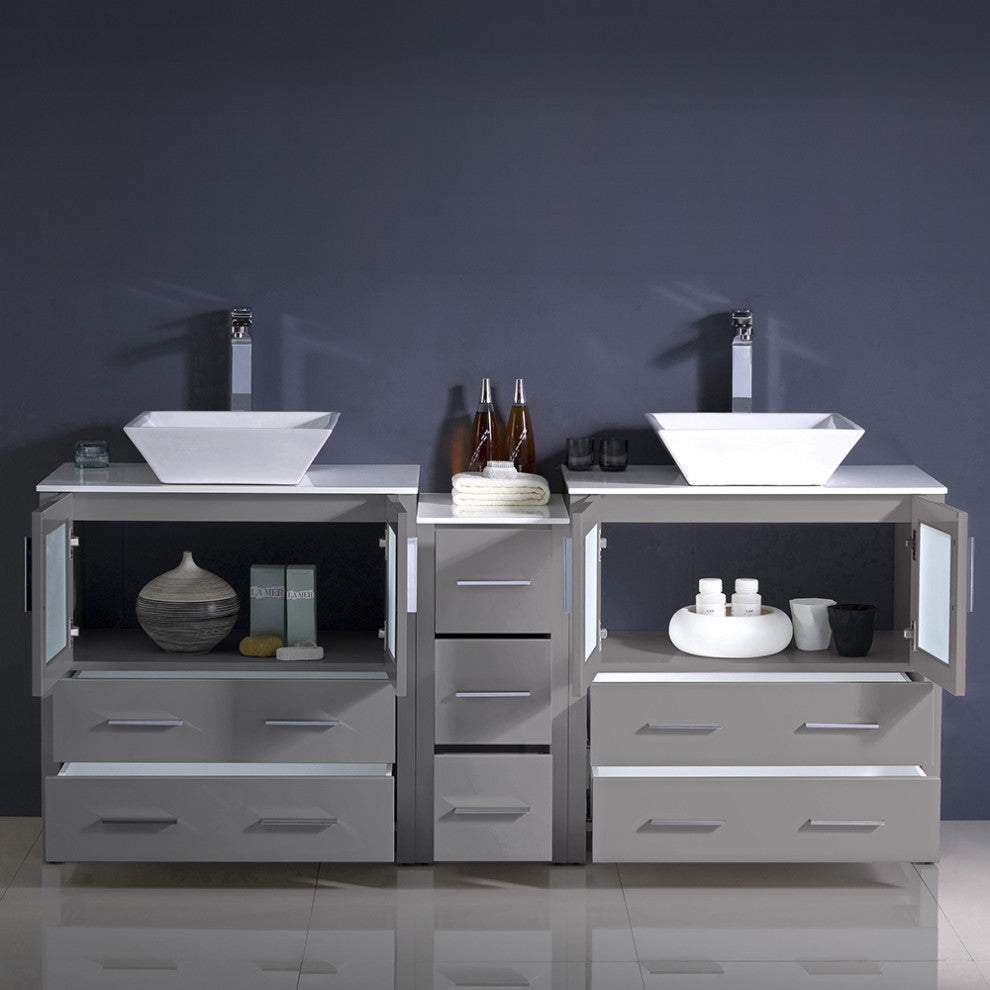 Torino Double Sink Bathroom Cabinets With Tops and Vessel Sinks, Gray 72"