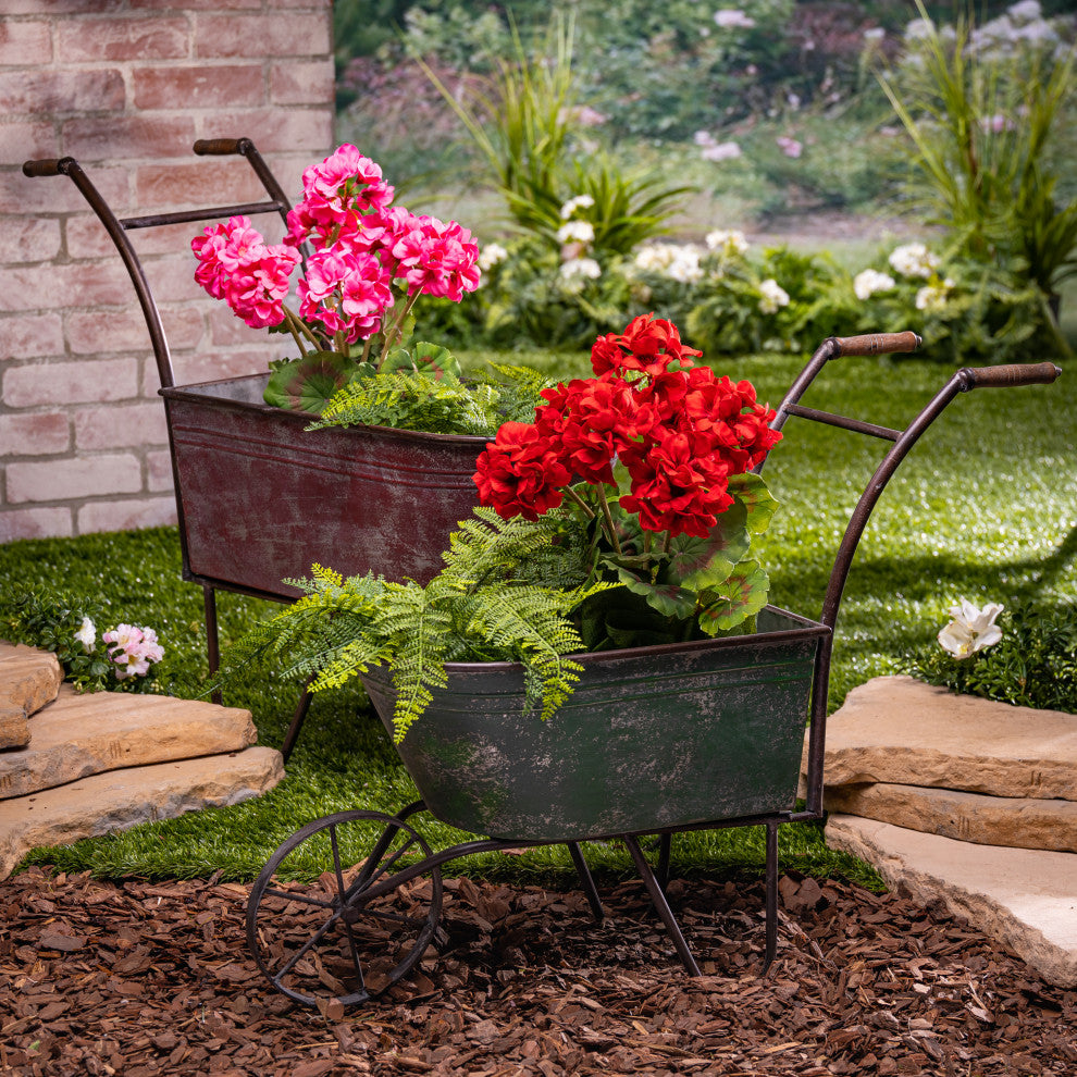 Set of 2, Assorted Metal Antique Wheelbarrows