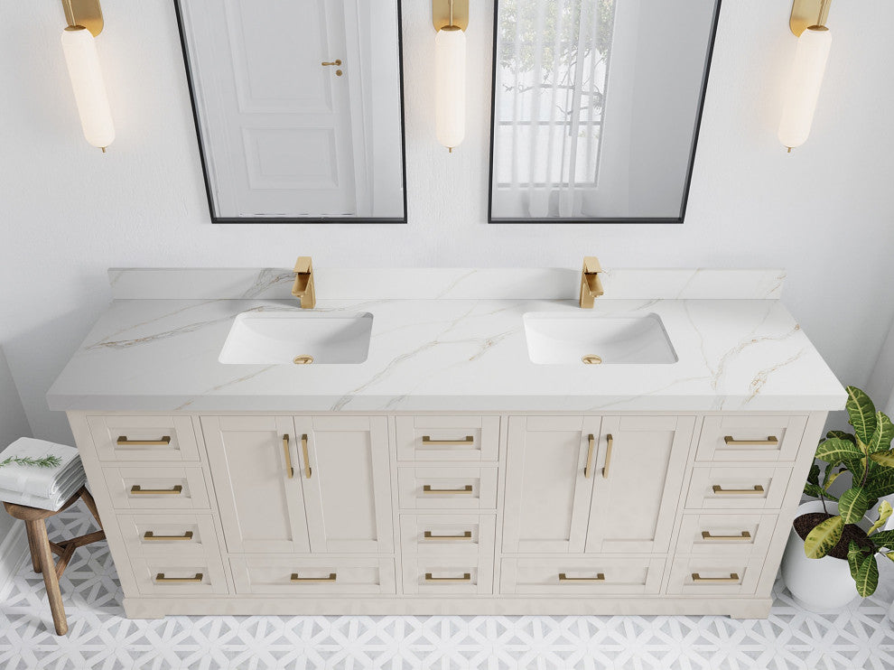 Boston 84" Double Sink Bath Vanity in Fine Grain 2" Calacatta Sienna