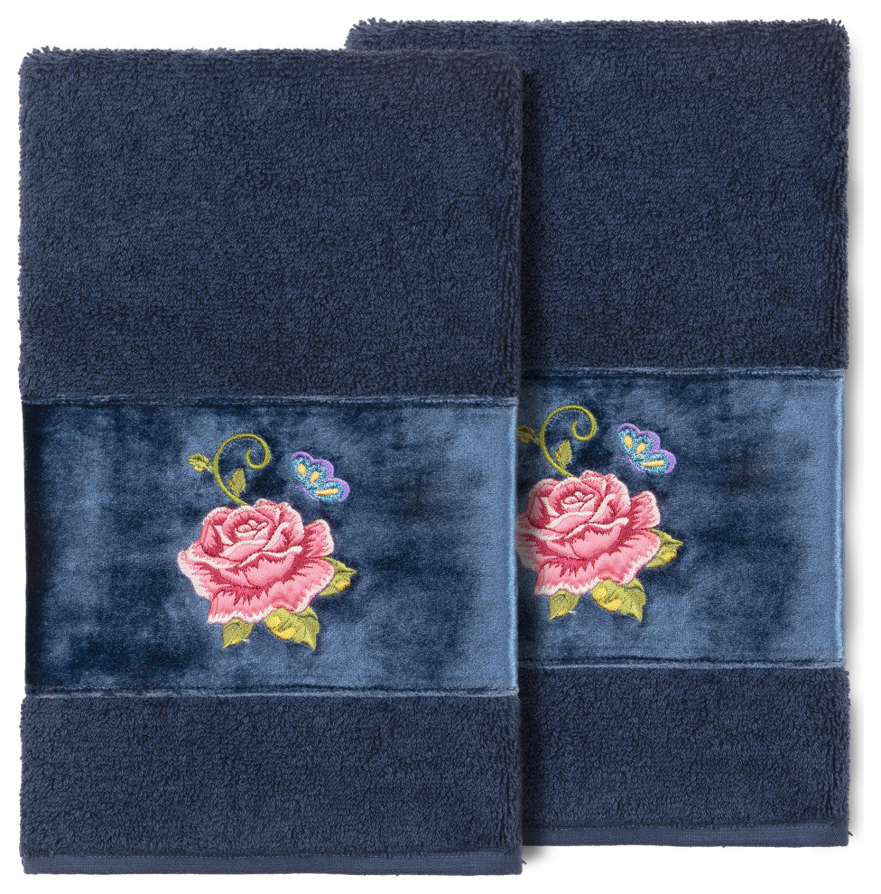 100% Turkish Cotton Rebecca 2-Piece Embellished Hand Towel Set, Midnight Blue