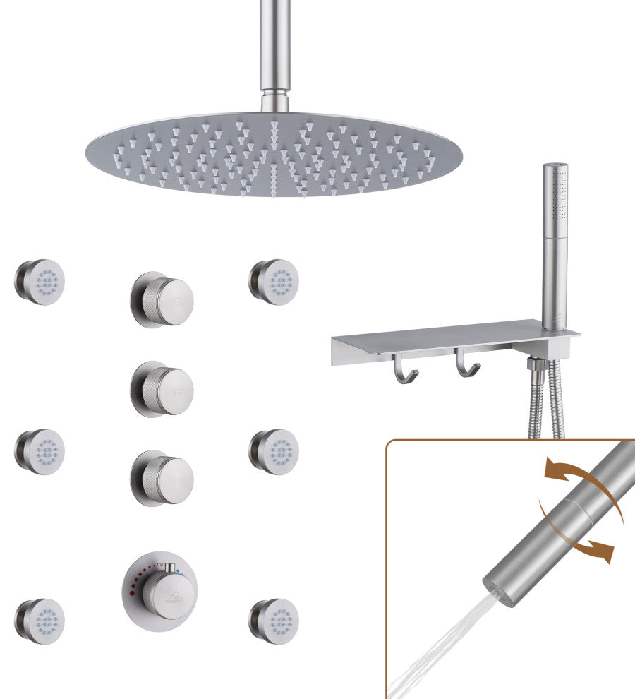 12inch Shower System With Shelf, Handheld Shower With Spray Gun Feature, Brushed Nickel