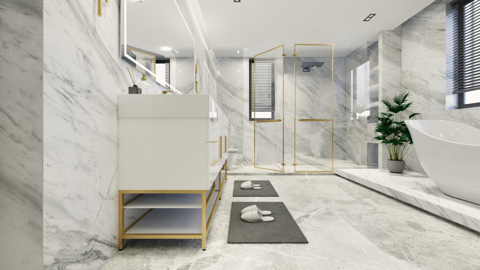 Madison 84" Free Standing Double Sink Vanity with Reinforced Acrylic Sink, High Gloss White