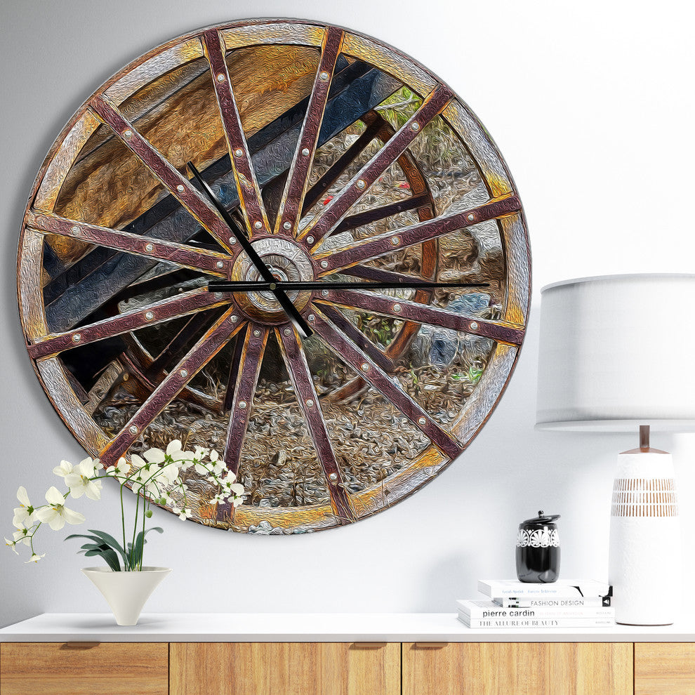 Antique Cottage Wood Cart Wheel Oversized Rustic Metal Clock, 23x23