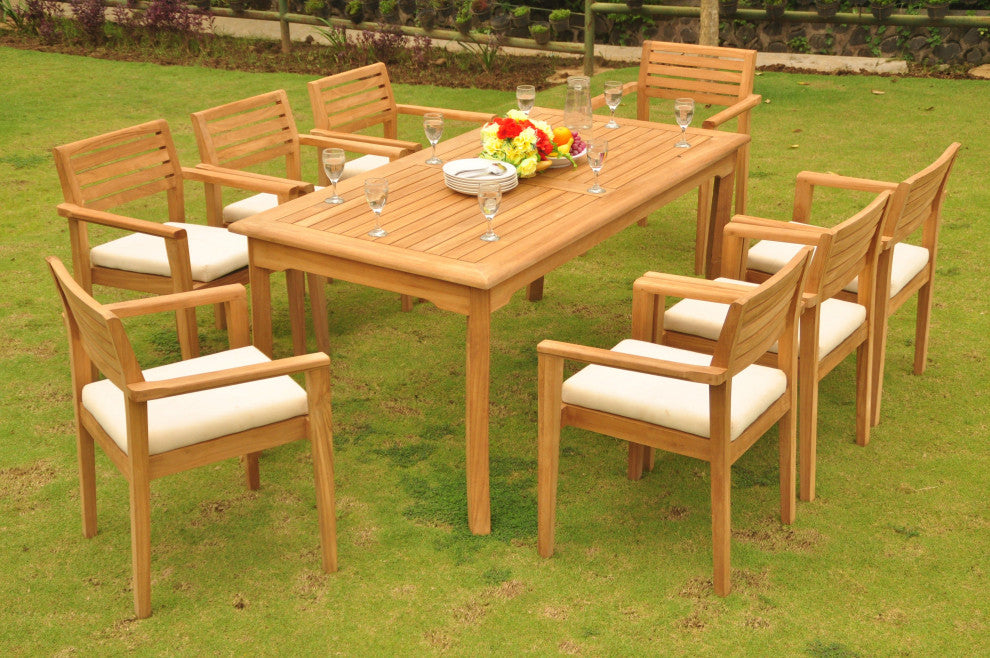 9-Piece Outdoor Teak Dining Set, 71" Rectangle Table, 8 Montana Stacking Chairs