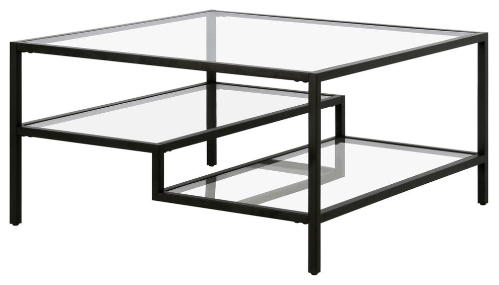 32" Black Glass And Steel Square Coffee Table With Two Shelves