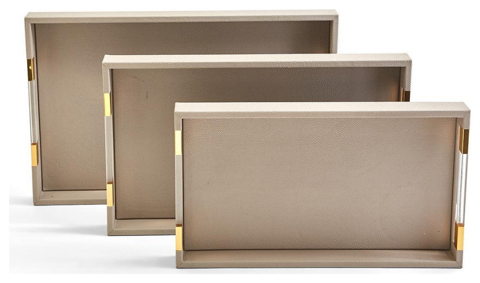 Two's Company Taupe Set of 3 Decorative Rectangle Tray with Acrylic Handles