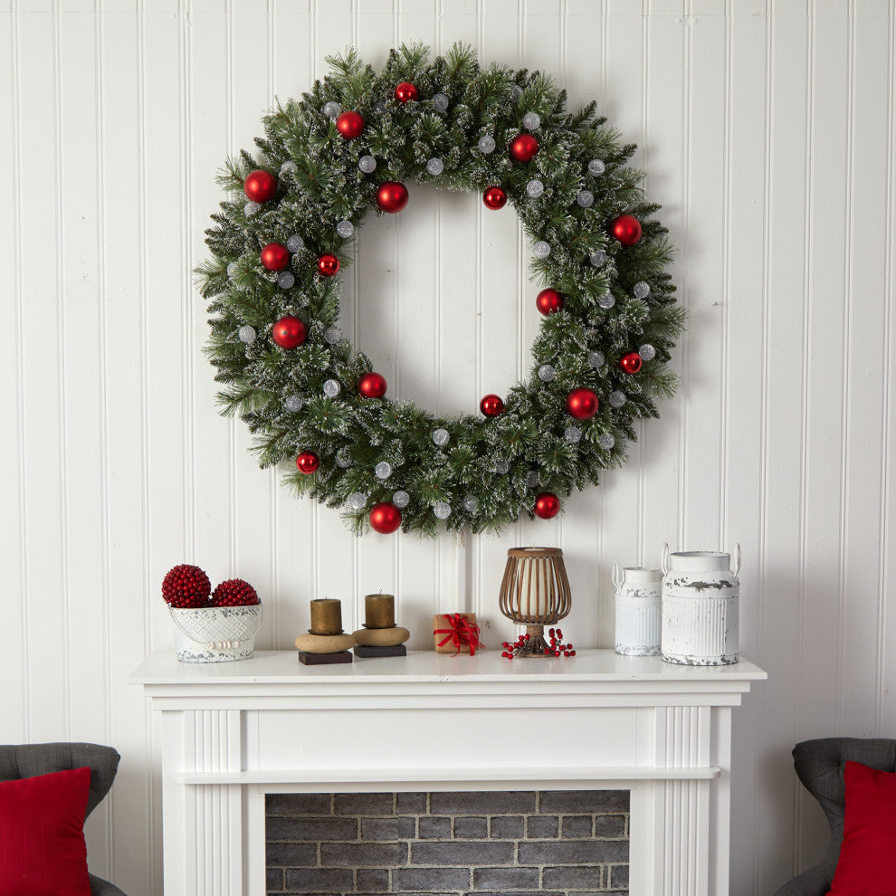 4' Oversized Pre-Lit Frosted Holiday Xmas Wreath W/ Ornaments & Globe Lights