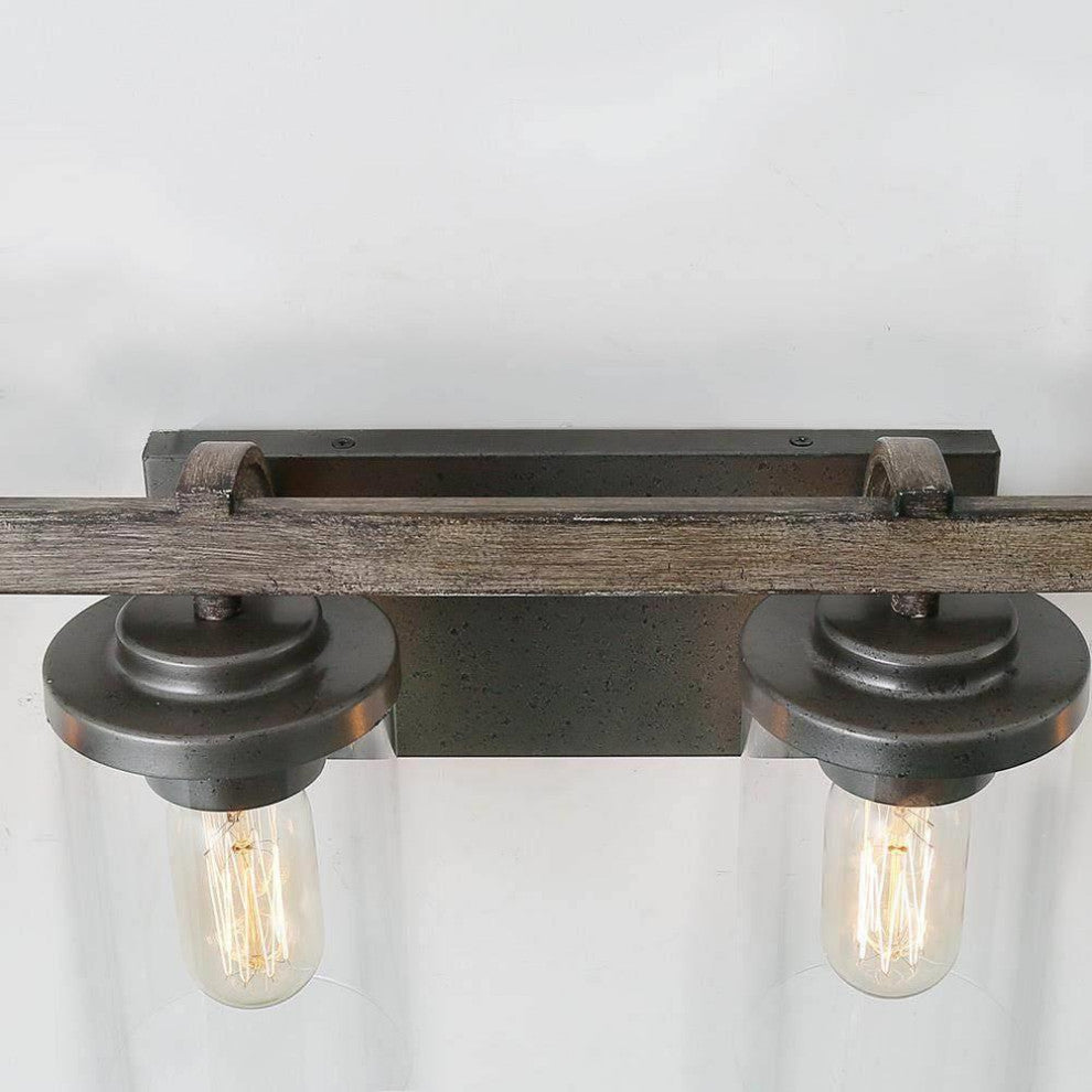 LALUZ Clear Glass Farmhouse Bathroom Vanity Lights, Bronze and Wood Grain, 4-Light