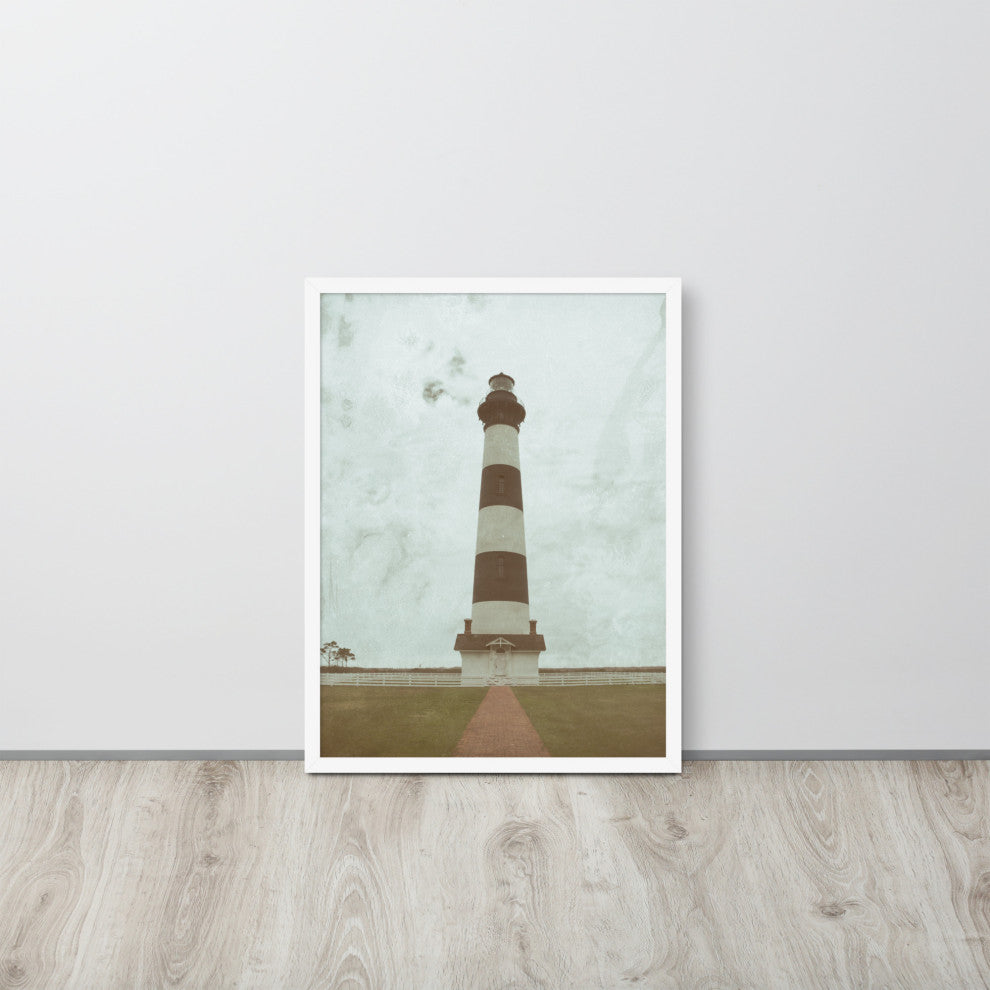 Aged Bodie Lighthouse Landscape Framed Photo Paper Wall Art Prints, White, 18" X 24"