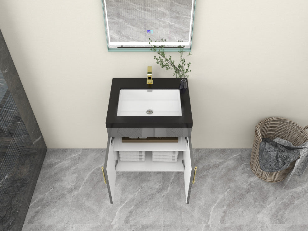 Rosa 24" WALL MOUNTED Modern Vanity, High Gloss Gray, Matt Black Top
