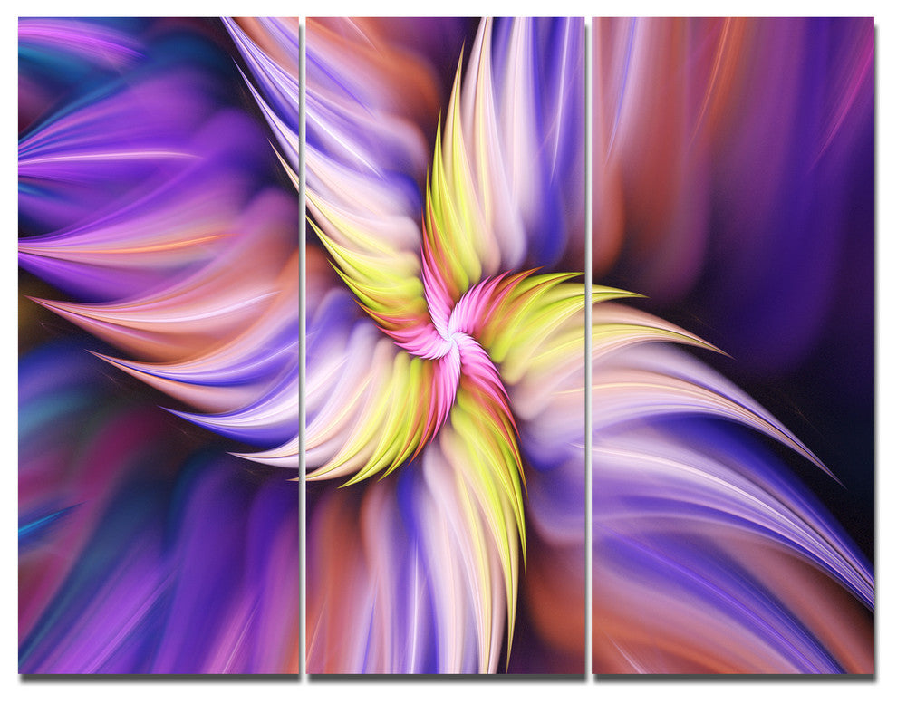 Purple Yellow Rotating Flower, Floral Triptych Canvas Art Print, 36x28, 3 Panels