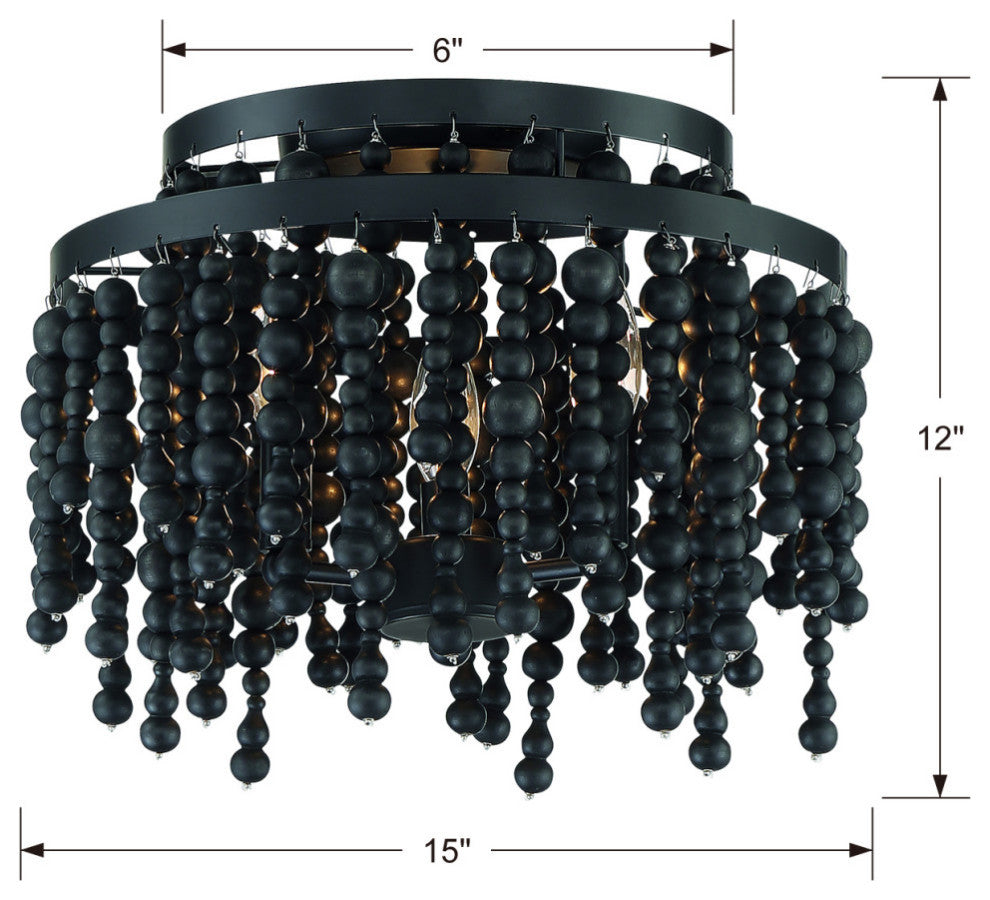 Poppy 3 Light Ceiling Mount in Matte Black with Black Wood Beads