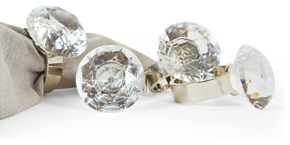 Bling Diamond Engagement Ring Metal Napkin Rings, Silver, Set of 4
