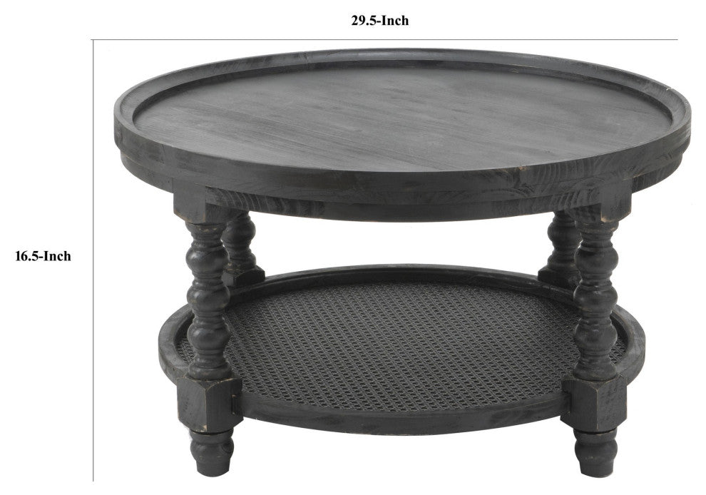 Benzara BM284922 Coffee Table, Fir Wood, Lower Tier Woven Wicker Shelf, Black