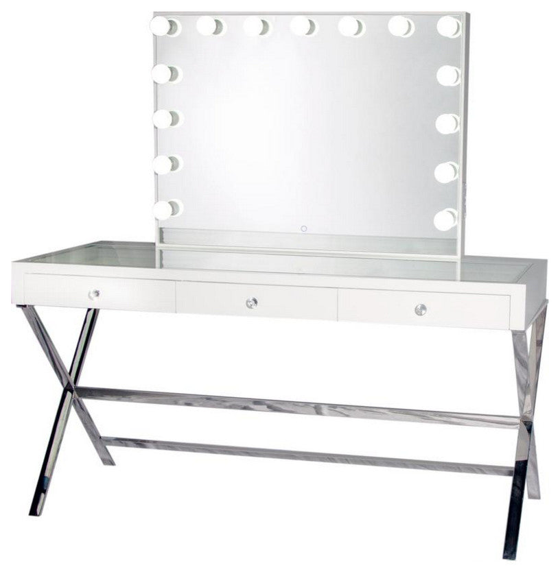 Glam Vanity Mirror With Dimmer, Table and Chair, White