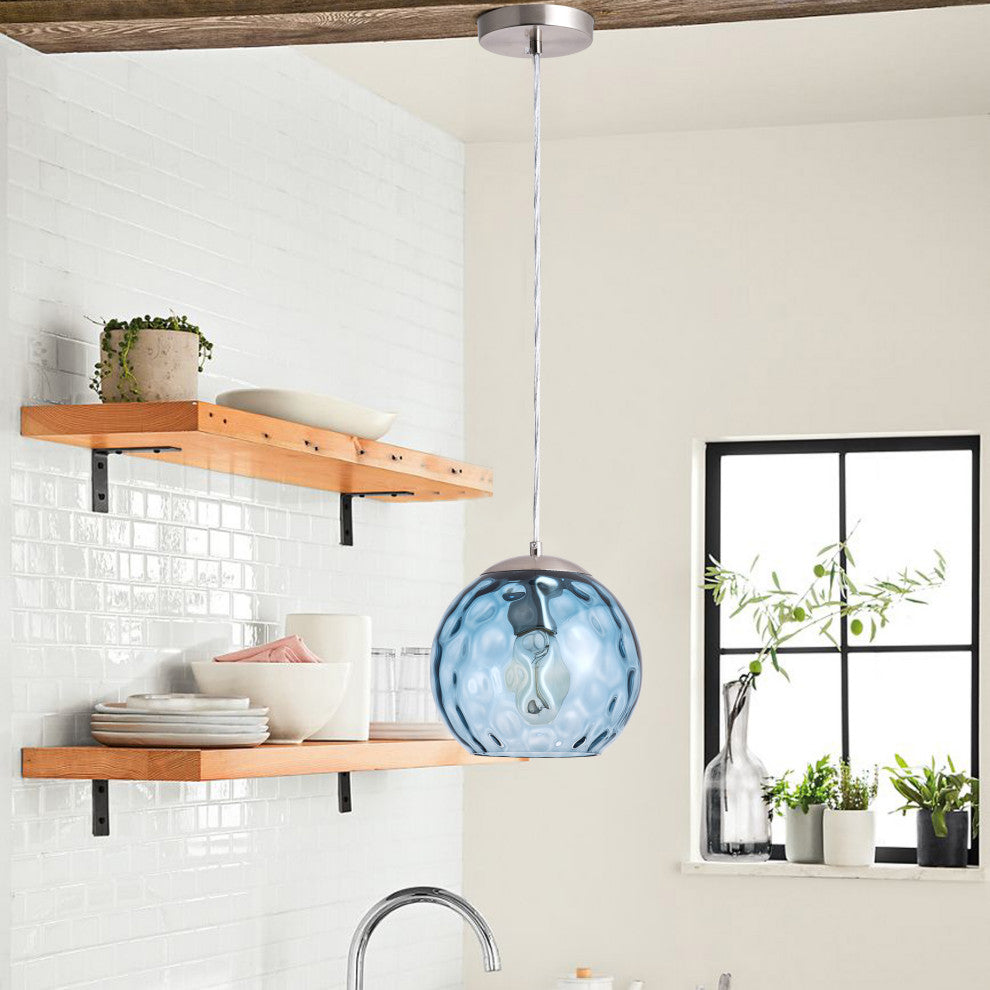 Modern Nickel Kitchen Island Pendant Light with Blue Water Ripple Glass Shade