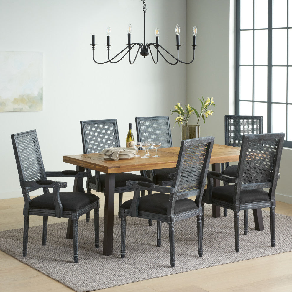 Marten Farmhouse Fabric Upholstered Wood and Cane 7 Piece Dining Set, Black + Gray + Rustic Metal + Natural Stained