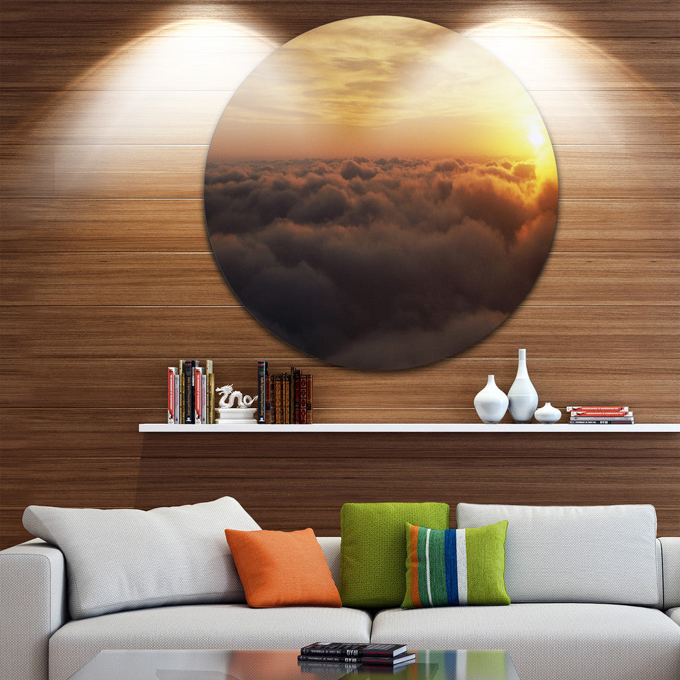 Yellow Sunrise Above Clouds, Large Disc Metal Wall Art Landscape, 23"