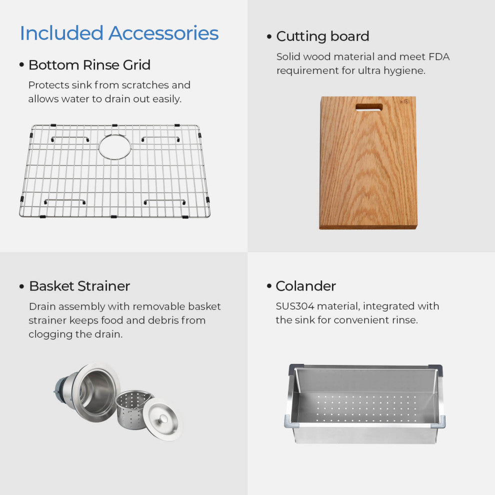 KIBI Undermount Single Bowl Workstation Sink, Stainless Steel 28"