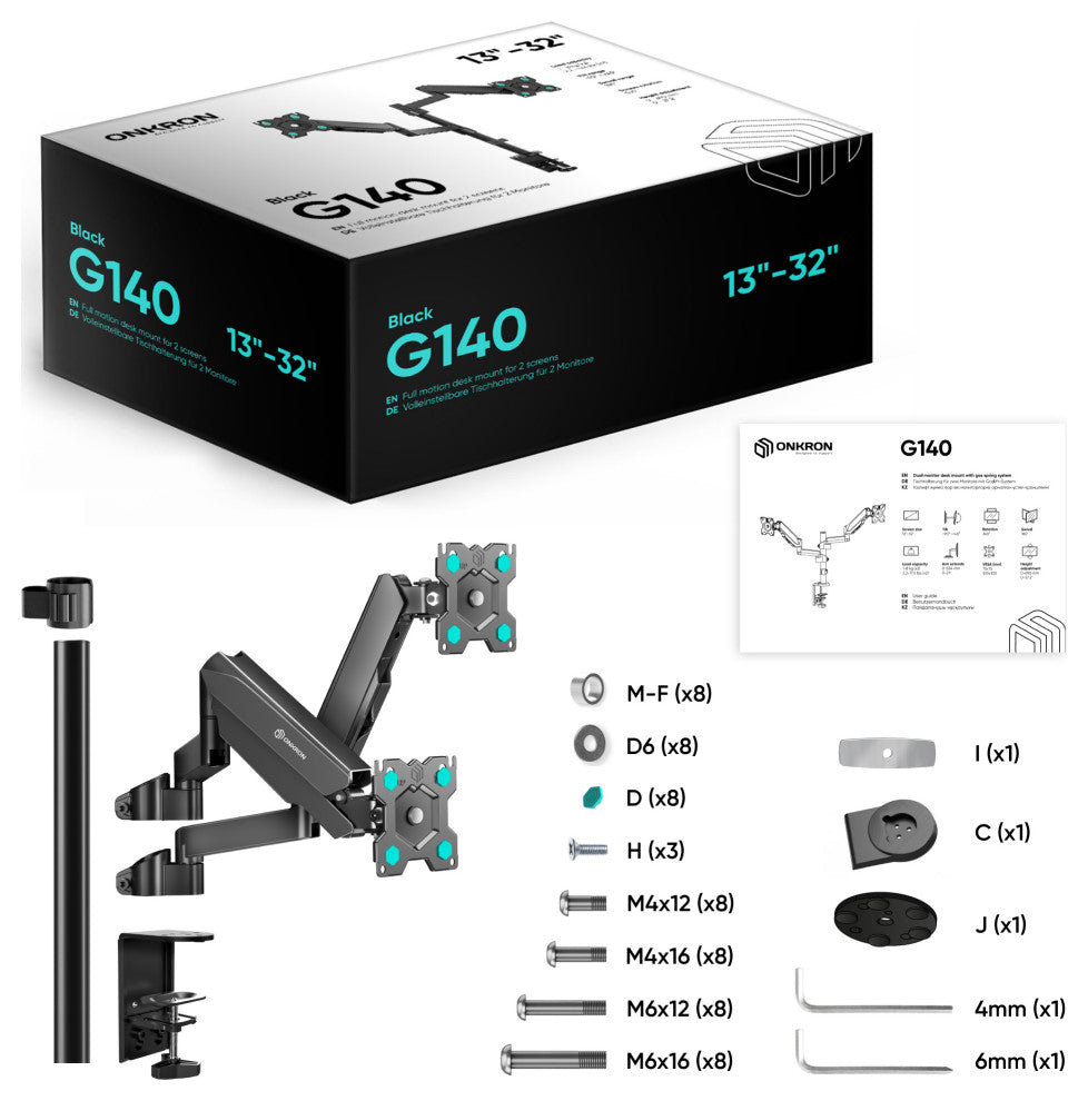 ONKRON Dual Monitor Mount for 13 - 32 Inch Screens up to 17.6 lbs - G140 Black