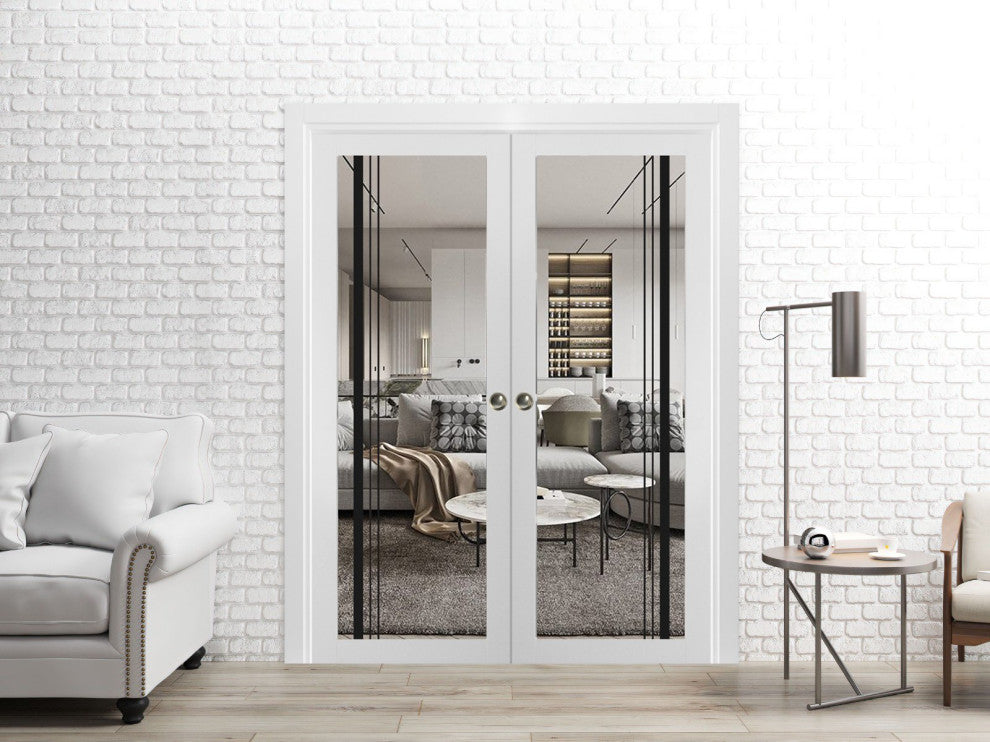 French Double Pocket Doors 36x80 | Lucia 2566 White Silk | Kit Trims Rail
