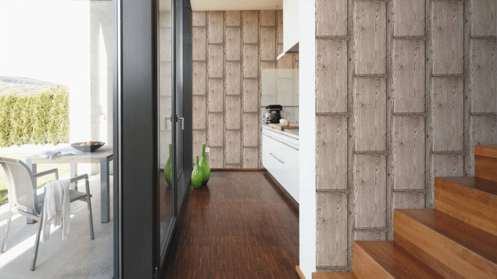 Loft Textured Wallpaper Featuring Rustic Wood, Beige Gray Brown, One Roll