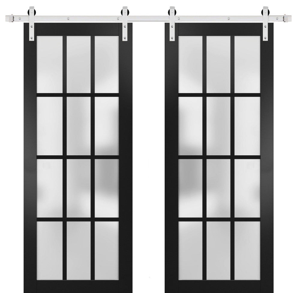 Double Barn Door 72 x 96, Felicia 3312 Black Frosted Glass, Silver 13FT