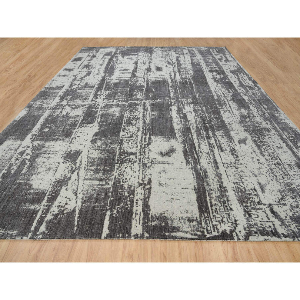 Black, Modern Design, Wool and Silk, Hand Loomed, Oversized, Rug, 12'0" x 15'0"