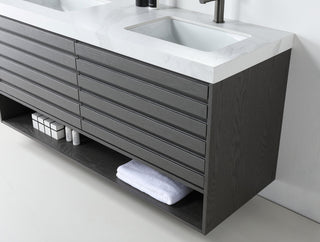Matera Wall Mount Modern Bathroom Vanity, Charcoal, 60", White Countertop