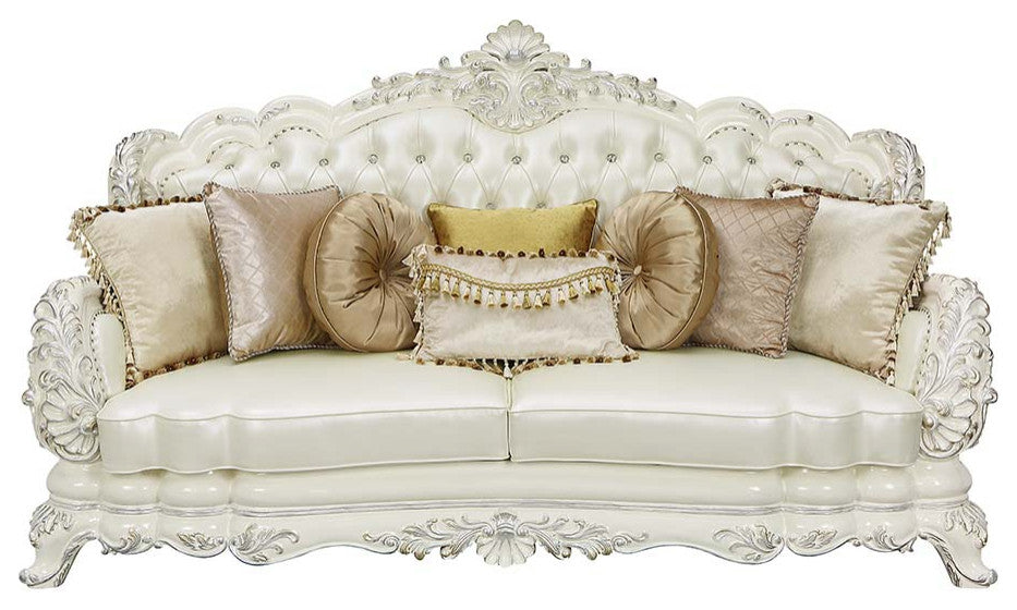 Acme Adara Sofa With 7 Pillows White PU and Antique White Finish